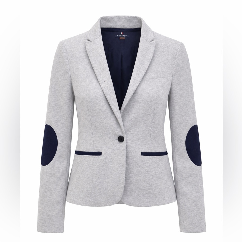 Tommy Hilfiger Gray Knit Blazer Size 2 Elbow Patch Preppy Chic Jacket
